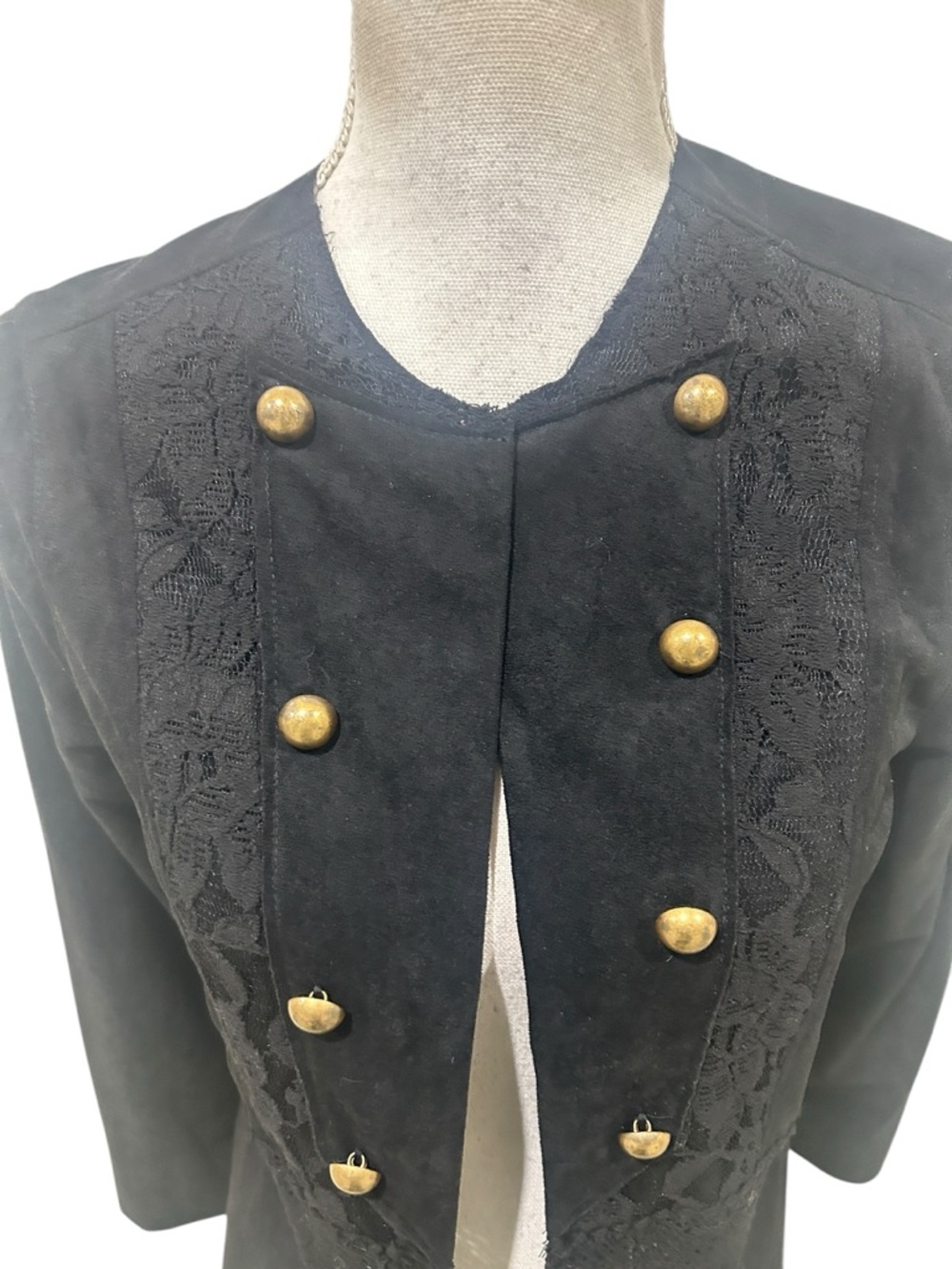 Nwot Vocal black faux Suede Long duster Lace-Trim Military gold Button Jacket - Picture 4 of 11